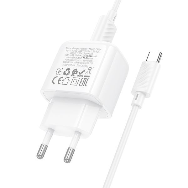 Сетевое зарядное устройство с кабелем HOCO CS52A 18W Surplus single-port QC3.0 charger set(Type-C) White 275845616 фото