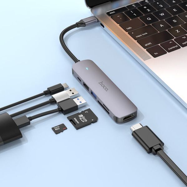 USB-хаб HOCO HB28 Type-C multi-function converter(HDTV+USB3.0+USB2.0+SD+TF+PD) Metal Gray 622996939 фото