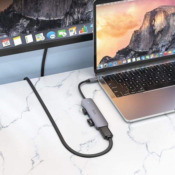 USB-хаб HOCO HB28 Type-C multi-function converter(HDTV+USB3.0+USB2.0+SD+TF+PD) Metal Gray 622996939 фото