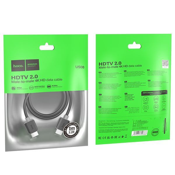 Кабель HOCO US08 HDTV 2.0 male-to-male 4K HD data cable(L=1M) Black 339810012 фото