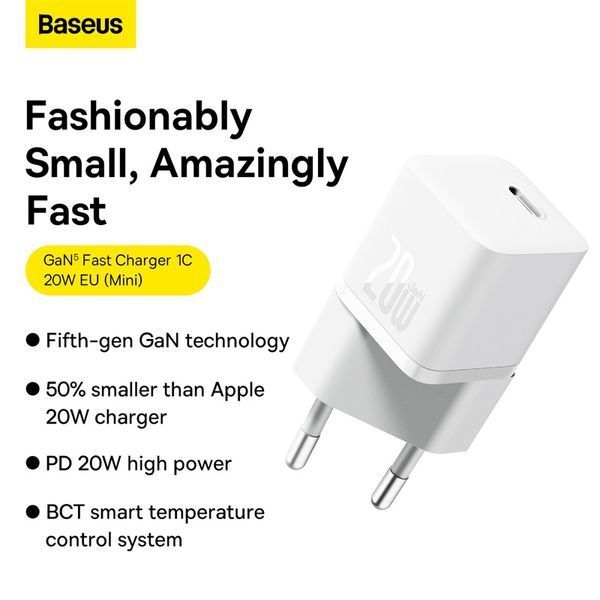 Мережевий зарядний пристрій Baseus GaN5 Fast Charger(mini) 1C 20W EU White 104762629 фото