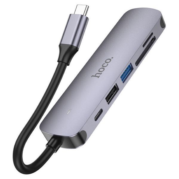 USB-хаб HOCO HB28 Type-C multi-function converter(HDTV+USB3.0+USB2.0+SD+TF+PD) Metal Gray 622996939 фото