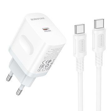 Мережевий зарядний пристрій з кабелем BOROFONE BA99A Breeze single port PD20W charger set(C to C) White 171494979 фото