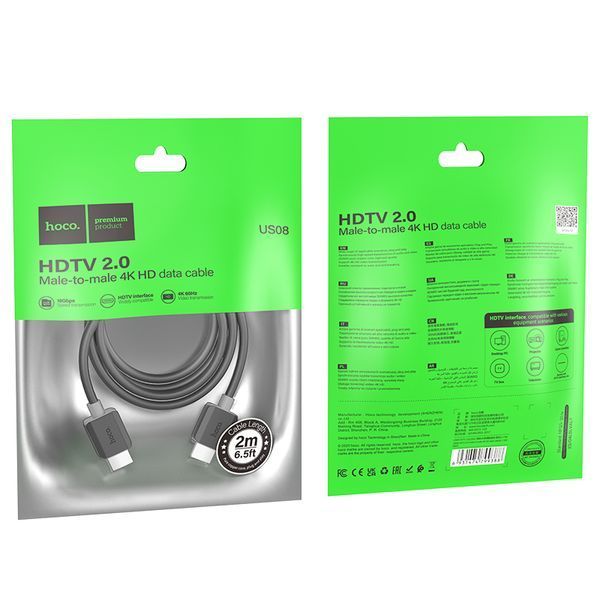 Кабель HOCO US08 HDTV 2.0 male-to-male 4K HD data cable(L=2M) Black 463460215 фото