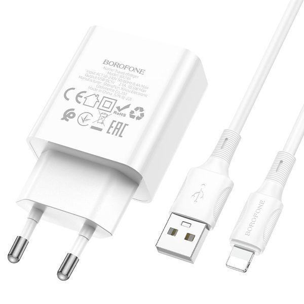 Сетевое зарядное устройство с кабелем BOROFONE BA74A Aspirer single port charger set(iP) White 106895119 фото