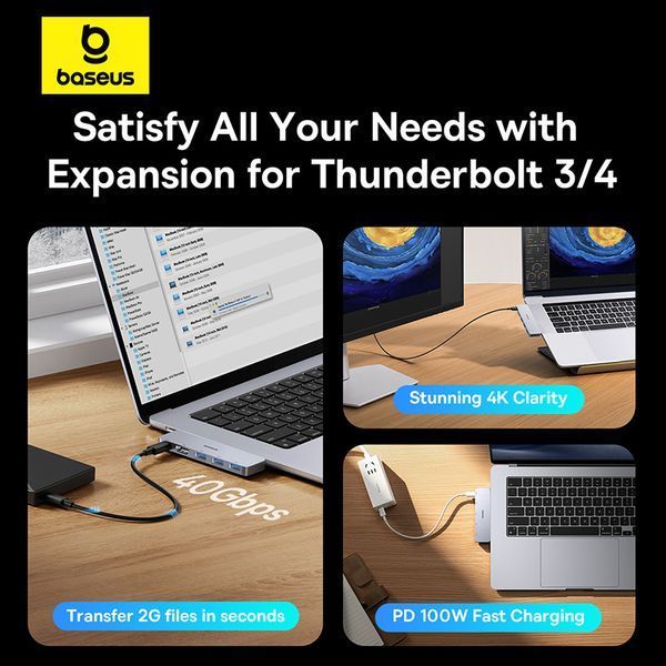 USB-хаб Baseus UltraJoy Series 5-Port HUB Space Grey (USB-C*2 to USB-C 40Gbps*1+HDMI 4K@30Hz*1+USB3.0*3） 849464016 фото