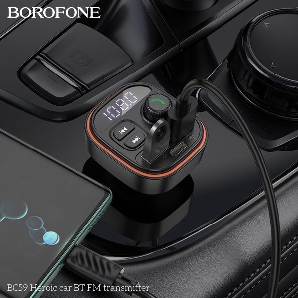 АЗП з FM-модулятором BOROFONE BC59 Heroic car BT FM transmitter Black 104327416 фото