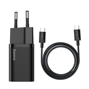 Мережевий зарядний пристрій з кабелем Baseus Super Si Quick Charger 1C 25W EU Sets Black（With Mini White Cable C to C 3A 1m Black） 898095582 фото