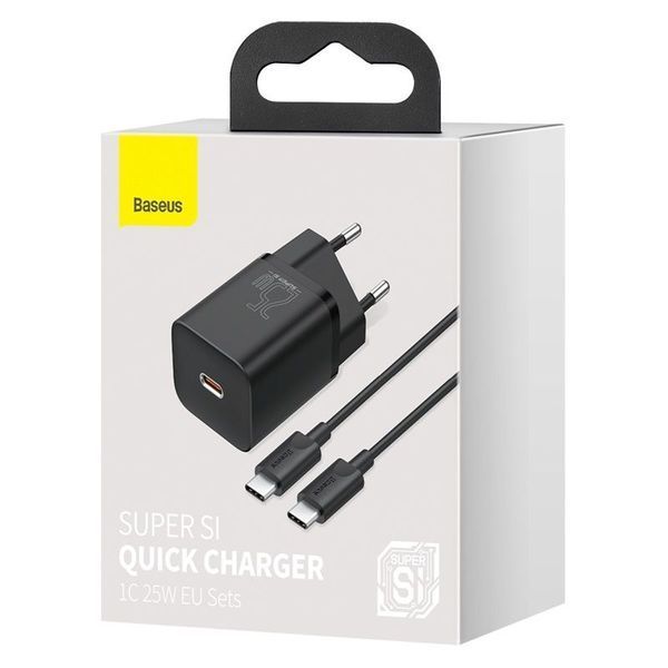 Сетевое зарядное устройство с кабелем Baseus Super Si Quick Charger 1C 25W EU Sets Black（With Mini White Cable C to C 3A 1m Black） 898095582 фото