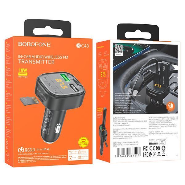 АЗП з FM-модулятором BOROFONE BC43 Flash QC3.0 car BT FM transmitter 18W Black 807064879 фото