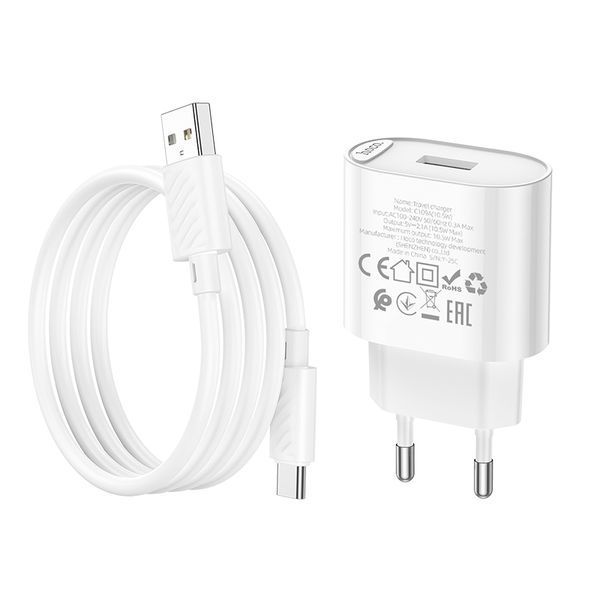 Мережевий зарядний пристрій з кабелем HOCO C109A(10.5W) Fighter single port charger set(Type-C) White 145688695 фото