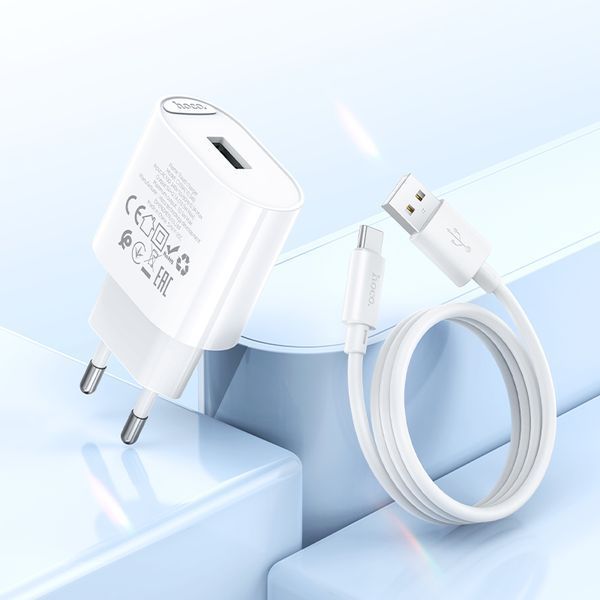 Мережевий зарядний пристрій з кабелем HOCO C109A(10.5W) Fighter single port charger set(Type-C) White 145688695 фото