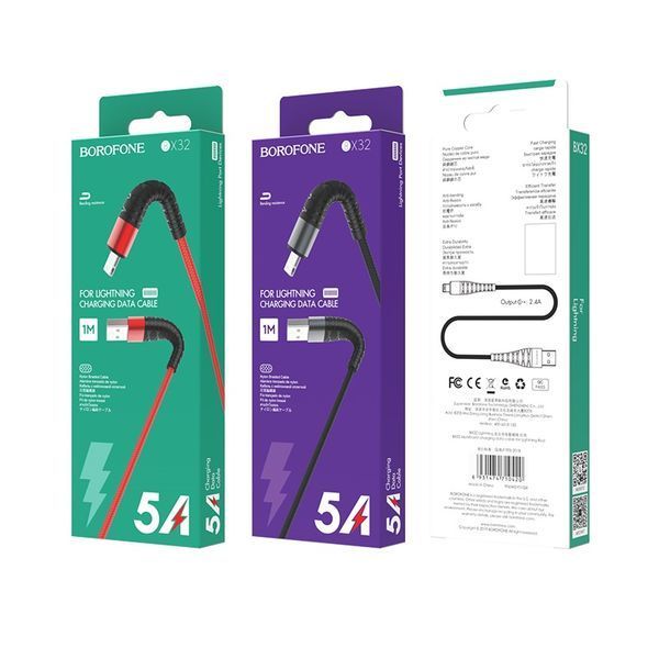Кабель BOROFONE BX32 USB to iP 2.4A, 1m, nylon, aluminum+TPE connectors, Black 507555688 фото