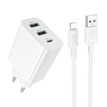 Мережевий зарядний пристрій з кабелем BOROFONE BA105A Stellar three-port charger set (iP) (EU) White 121422466 фото