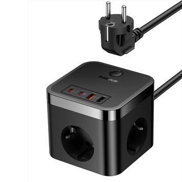 Сетевое зарядное устройство Baseus PowerCombo Cube Power Strip 3AC+2U+2C 30W 1.5m EU Cluster Black 330541327 фото