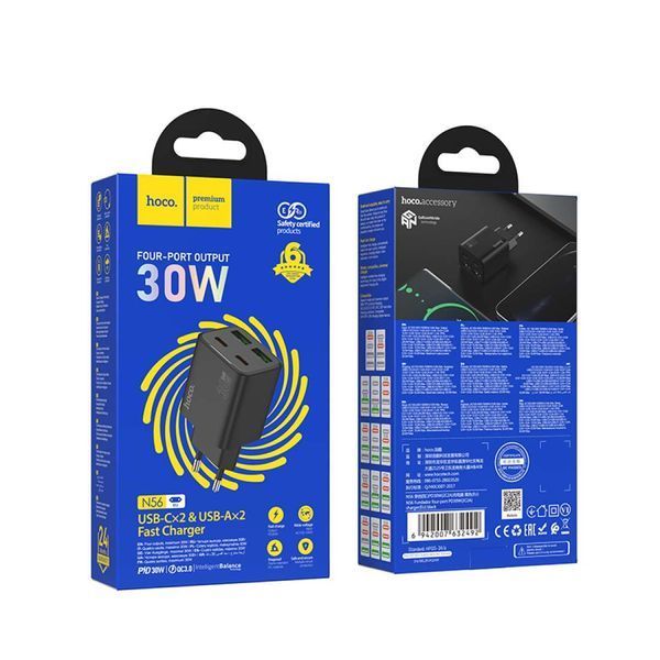 Мережевий зарядний пристрій HOCO N56 Fundador four-port PD30W(2C2A) charger(EU) Black 925098756 фото
