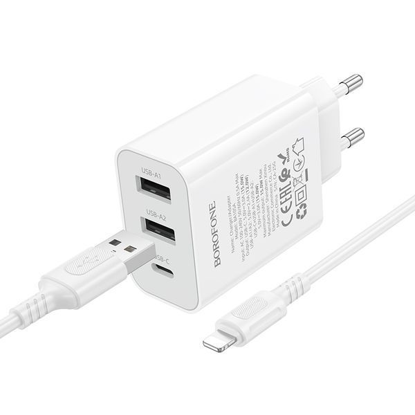 Мережевий зарядний пристрій з кабелем BOROFONE BA105A Stellar three-port charger set (iP) (EU) White 121422466 фото