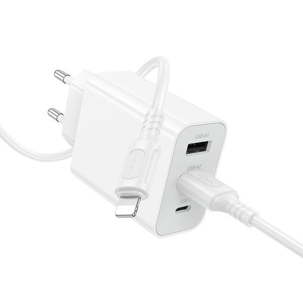 Мережевий зарядний пристрій з кабелем BOROFONE BA105A Stellar three-port charger set (iP) (EU) White 121422466 фото