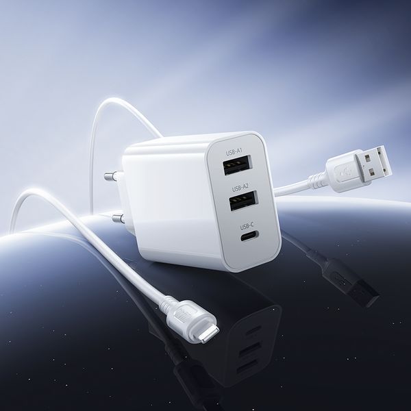 Мережевий зарядний пристрій з кабелем BOROFONE BA105A Stellar three-port charger set (iP) (EU) White 121422466 фото