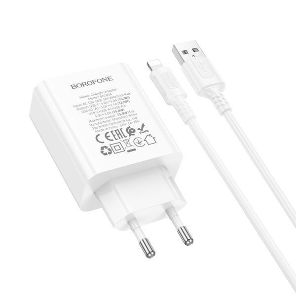 Мережевий зарядний пристрій з кабелем BOROFONE BA105A Stellar three-port charger set (iP) (EU) White 121422466 фото