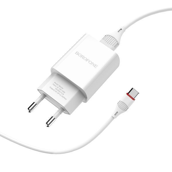 Мережевий зарядний пристрій з кабелем BOROFONE BA20A Sharp single port charger set(Type-C) 10.5W White 227292496 фото