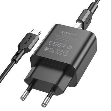 Мережевий зарядний пристрій з кабелем BOROFONE BA72A Spring single port QC3.0 charger set(Type-C) 18W Black 150279887 фото