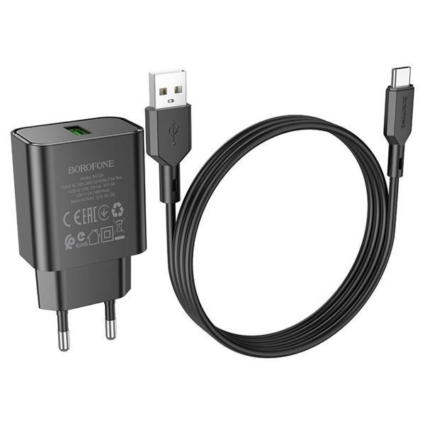 Мережевий зарядний пристрій з кабелем BOROFONE BA72A Spring single port QC3.0 charger set(Type-C) 18W Black 150279887 фото