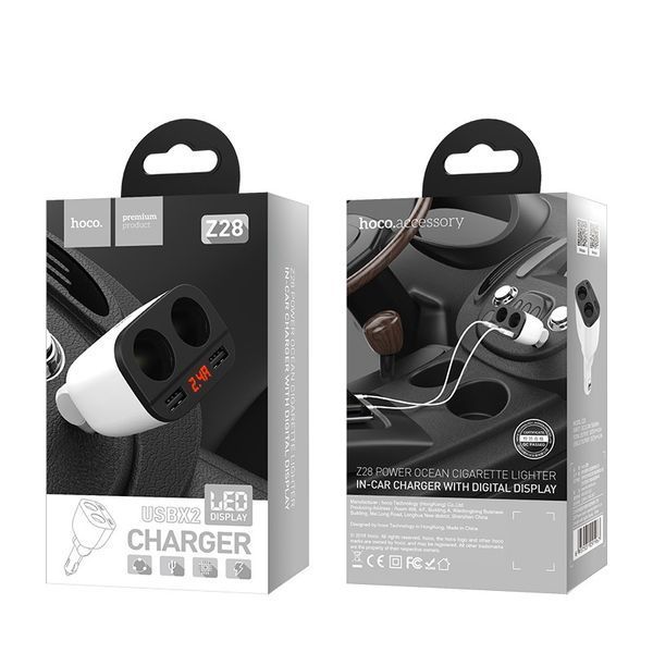 Автомобильное зарядное устройство HOCO Z28 Power ocean cigarette lighter in-car charger with digital display White 429200113 фото