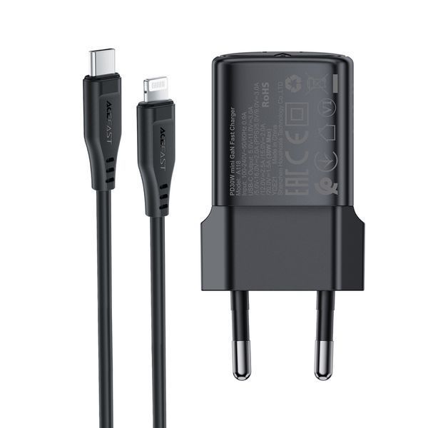 Мережевий зарядний пристрій з кабелем ACEFAST A118 PD30W mini GaN USB-C fast charger set (P16) Black 384149632 фото