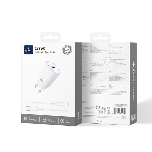 Мережевий зарядний пристрій з кабелем WIWU 18W Essen GaN Fast Charger + Cable Combo Wi-G006 A-L EU White 500889363 фото