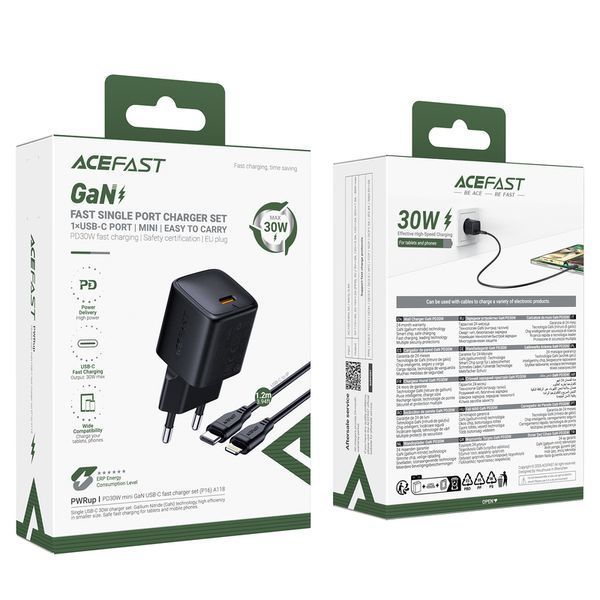 Мережевий зарядний пристрій з кабелем ACEFAST A118 PD30W mini GaN USB-C fast charger set (P16) Black 384149632 фото