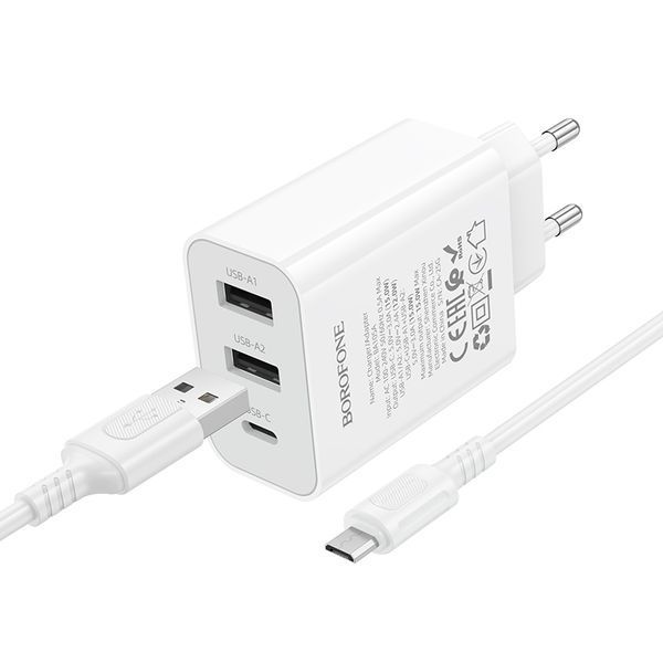 Сетевое зарядное устройство с кабелем BOROFONE BA105A Stellar three-port charger set (Micro) (EU) White 201413551 фото
