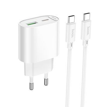 Мережевий зарядний пристрій з кабелем HOCO C109A(PD20W+QC3.0) Fighter PD20W+QC3.0 charger set(C to C) White 861563556 фото