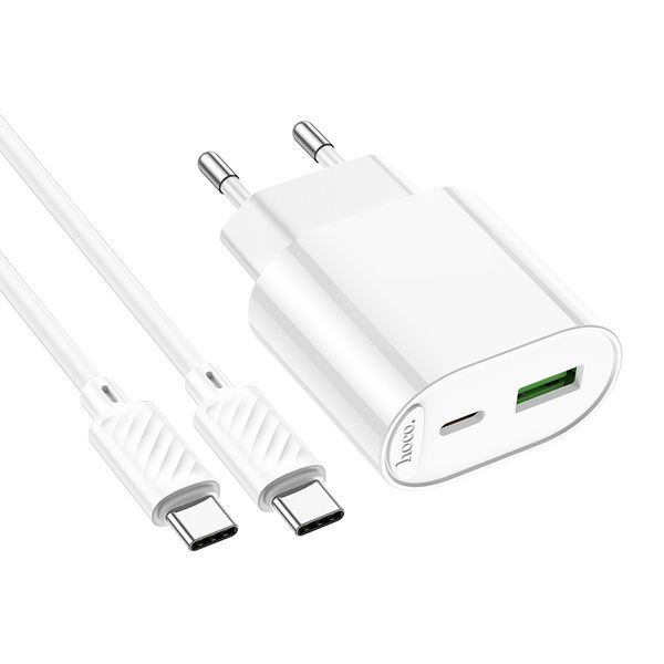 Мережевий зарядний пристрій з кабелем HOCO C109A(PD20W+QC3.0) Fighter PD20W+QC3.0 charger set(C to C) White 861563556 фото