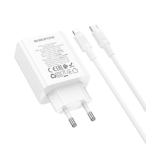 Мережевий зарядний пристрій з кабелем BOROFONE BA106A Stellar PD20W+QC3.0 charger set (C to iP) (EU) White 791394293 фото