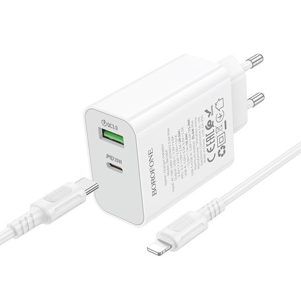 Мережевий зарядний пристрій з кабелем BOROFONE BA106A Stellar PD20W+QC3.0 charger set (C to iP) (EU) White 791394293 фото