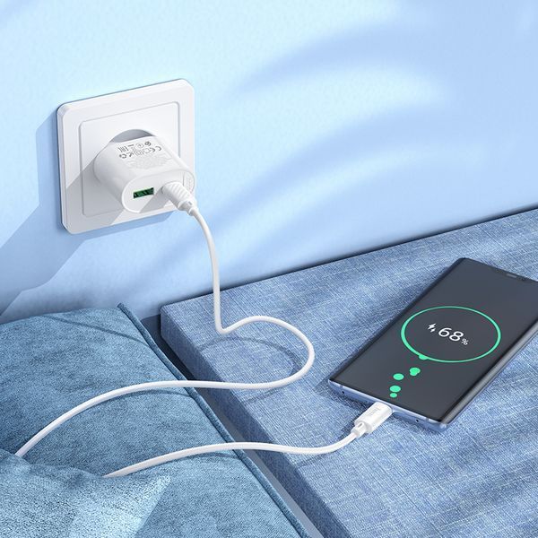 Мережевий зарядний пристрій з кабелем HOCO C109A(PD20W+QC3.0) Fighter PD20W+QC3.0 charger set(C to C) White 861563556 фото