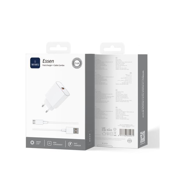 Мережевий зарядний пристрій з кабелем WIWU 2.4A Essen GaN Fast Charger Combo with A-M cable Wi-G023 A-M EU White 115067239 фото