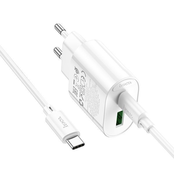Мережевий зарядний пристрій з кабелем HOCO C109A(PD20W+QC3.0) Fighter PD20W+QC3.0 charger set(C to C) White 861563556 фото