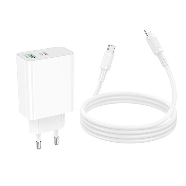 Мережевий зарядний пристрій з кабелем BOROFONE BA106A Stellar PD20W+QC3.0 charger set (C to iP) (EU) White 791394293 фото