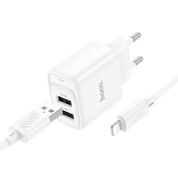 Мережевий зарядний пристрій з кабелем HOCO C141A Smart dual-port charger set(iP) White 950699159 фото
