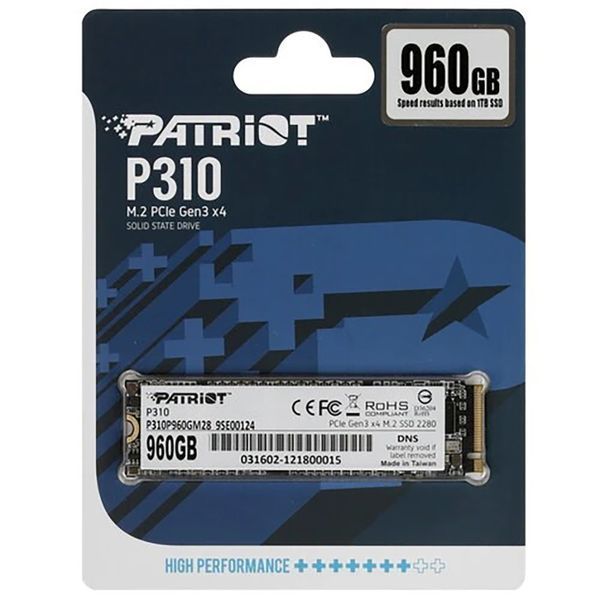 Накопичувач SSD M.2 Patriot P310 960GB NVMe 2280 PCIe 3.0x4 3D NAND TLC 873829517 фото