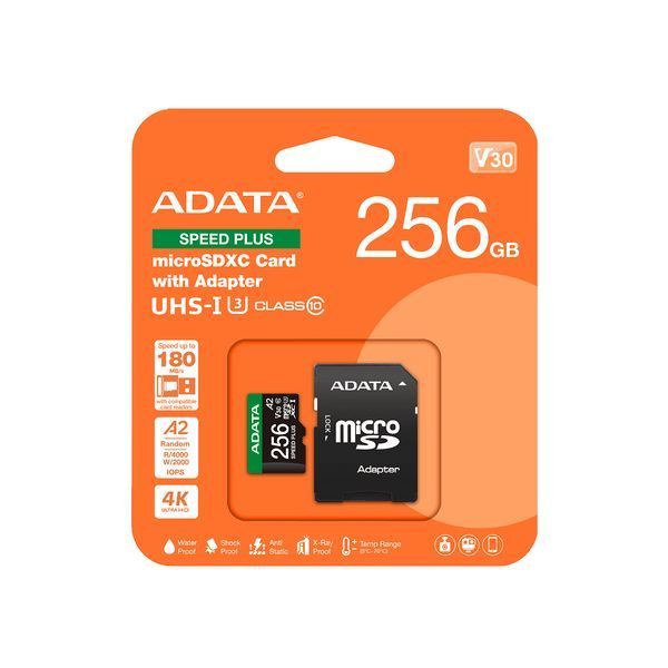 Карта пам'яті microSDXC (UHS-1 U3) A-DATA SPEED PLUS 256Gb Class 10 V30 A2 (R-180Mb/s W160Mb/s) (adapter SD) 538694570 фото