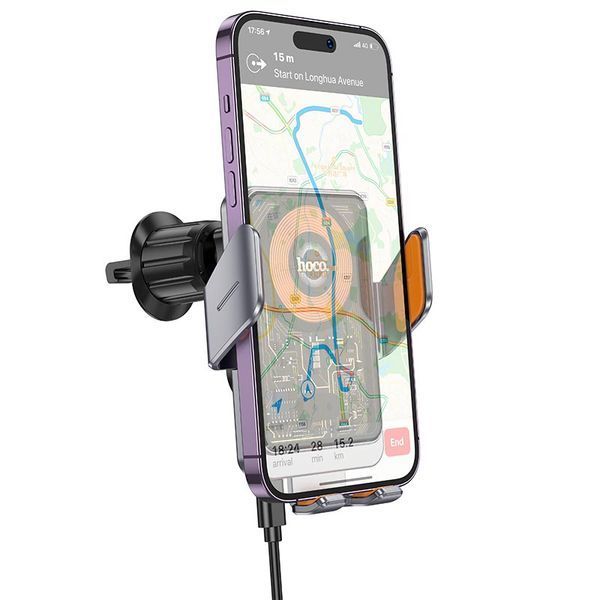 Автотримач для телефона з БЗП HOCO HW7 Transparent Discovery Edition wireless fast charging car holder(air outlet) Metal Gray 156383739 фото