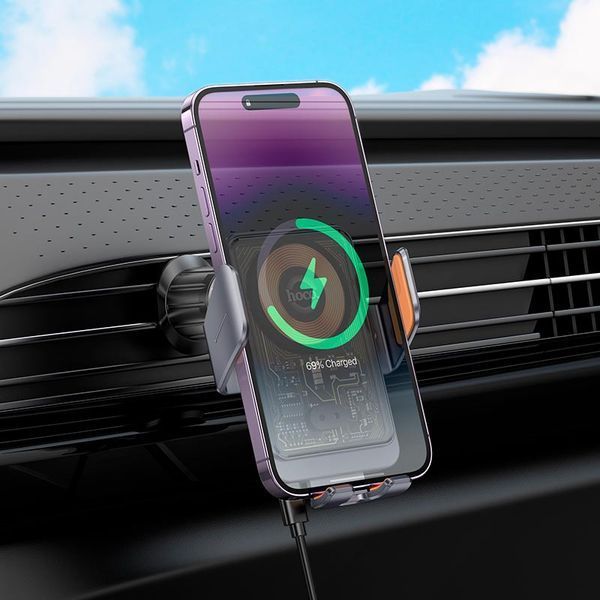 Автотримач для телефона з БЗП HOCO HW7 Transparent Discovery Edition wireless fast charging car holder(air outlet) Metal Gray 156383739 фото