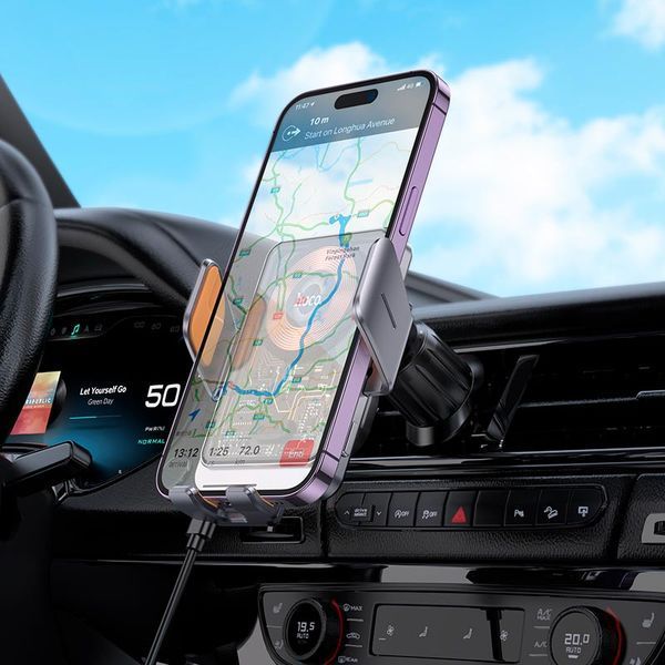 Автотримач для телефона з БЗП HOCO HW7 Transparent Discovery Edition wireless fast charging car holder(air outlet) Metal Gray 156383739 фото