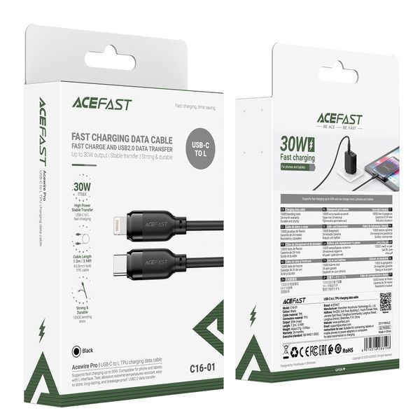 Кабель ACEFAST C16-01 TPU charging data cable USB-C to L Black 911791918 фото