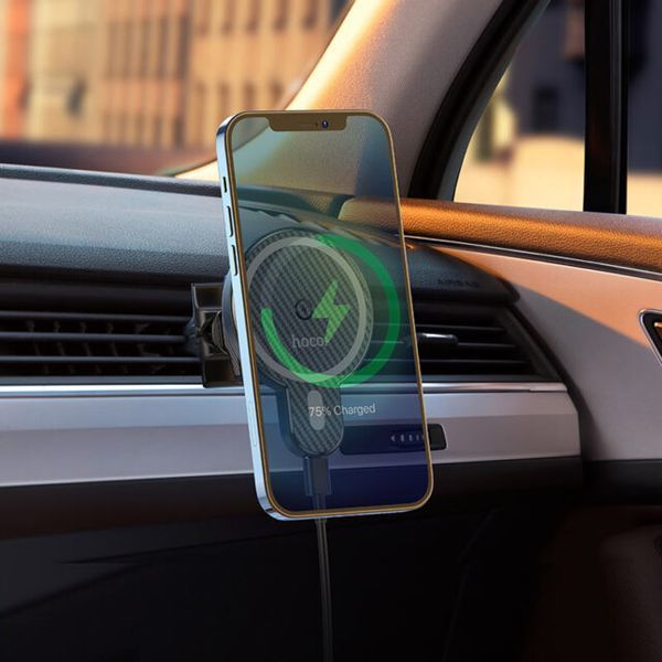 Автодержатель для телефона с БЗУ HOCO CA85 Ultra-fast magnetic wireless charging car holder Black 560986860 фото