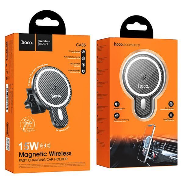 Автодержатель для телефона с БЗУ HOCO CA85 Ultra-fast magnetic wireless charging car holder Black 560986860 фото