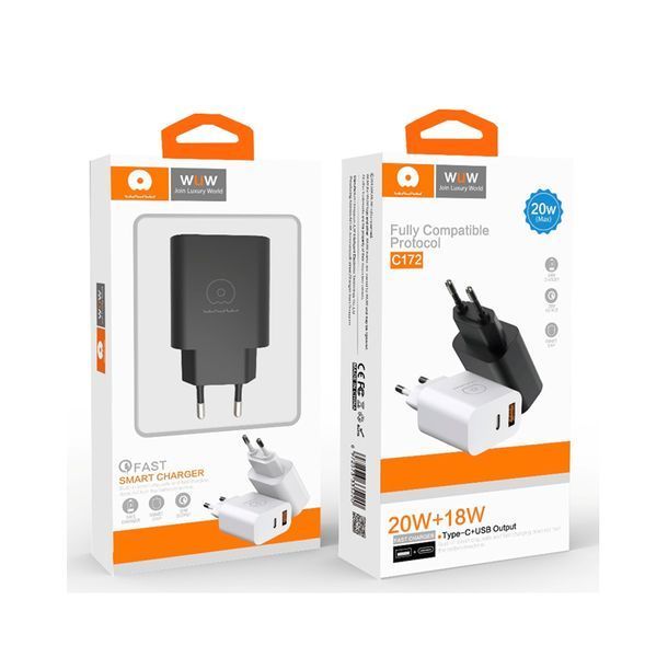 Мережевий зарядний пристрій WUW-C172 20W PD USB-C + USB QC3.0 18W black 990763090 фото